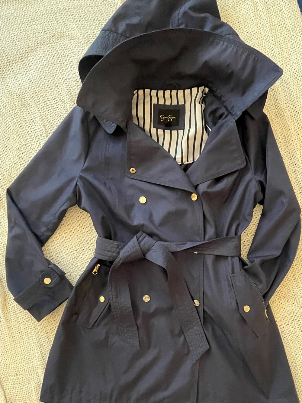 Navy Double-Breasted Water Repellent Trench with Detachable Hood